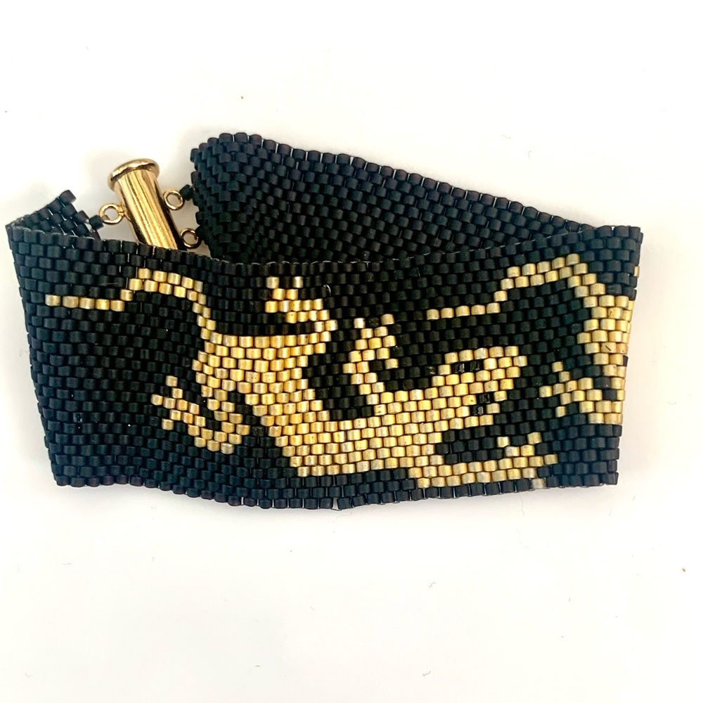 Vintage Bracelet Salamander Seed Beaded Handmade Cuff